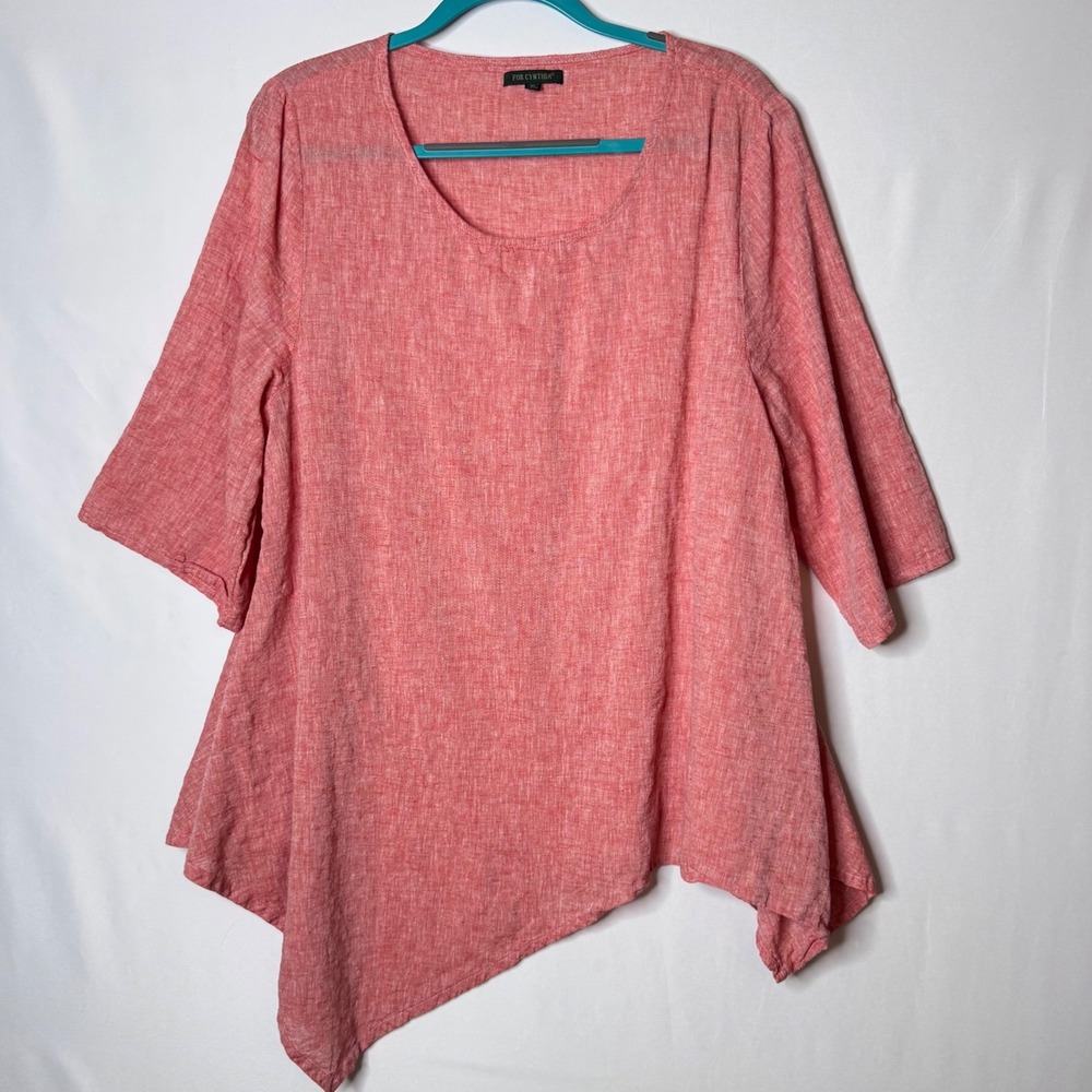 For Cynthia Asymmetrical Tunic Top XL Red PInk Linen Blend Lagenlook Artsy Boho
